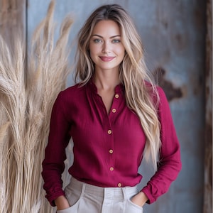 Anysize custom soft linen cotton collared shirt tops long sleeves retro spring fall casual blouse plus size tops plus size clothing F703E