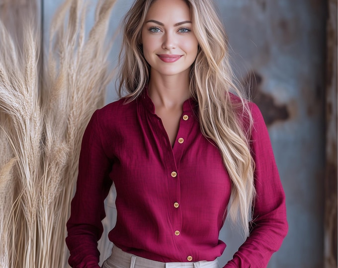 Anysize custom soft linen cotton collared shirt tops long sleeves retro spring fall casual blouse plus size tops plus size clothing F703E