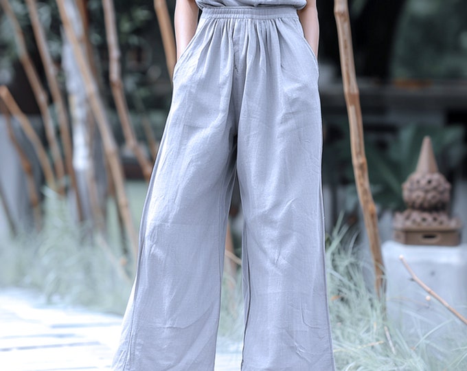 Anysize custom 100% linen elastic waist wide leg pants spring summer casual loose plus size trousers oversized plus size clothing F433L