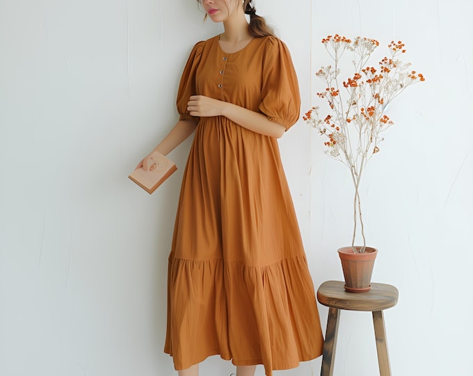 Anysize custom round functional buttons half sleeves linen cotton plus size dress with pockets spring fall retro plus size clothing F568N