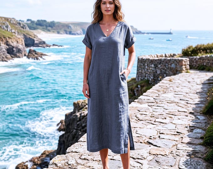 Anysize Custom 100% Linen Dress V Neck Side Slit Dress Loose Fit Summer Linen Dress with Pockets Minimal Outfit Plus Size Dress F83UL