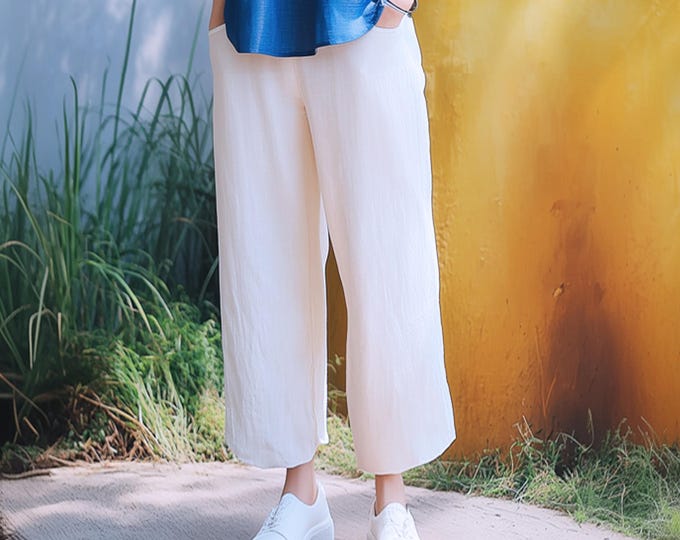 Anysize custom 100% linen cropped pants with side pockets elastic waist loose spring summer plus size pants plus size clothing F69AL