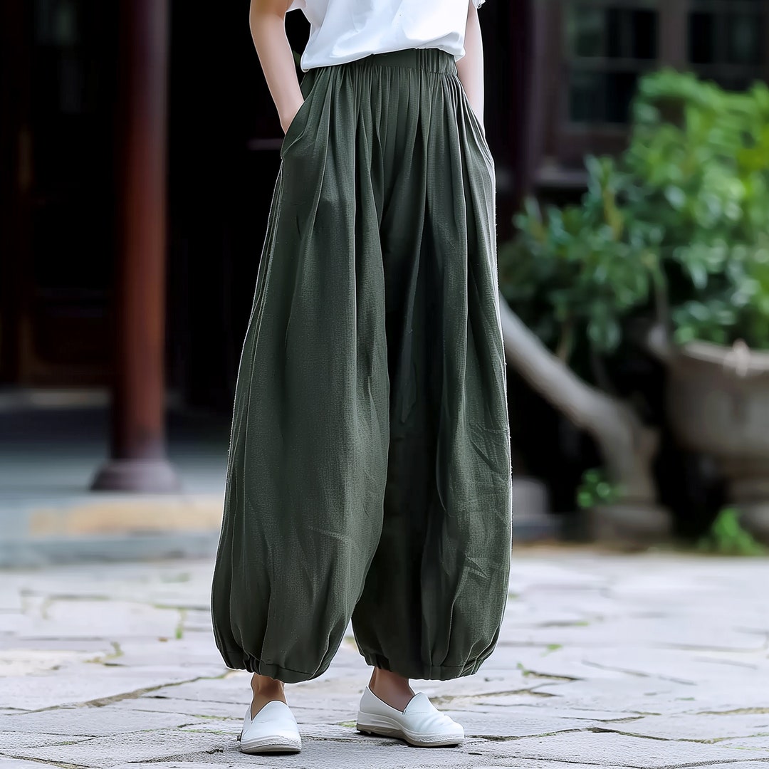 Elegant Commuter Workwear Patchwork Lace Lantern Pants Trousers Loose Fit Drawstring Women's Casual Pants Polyester