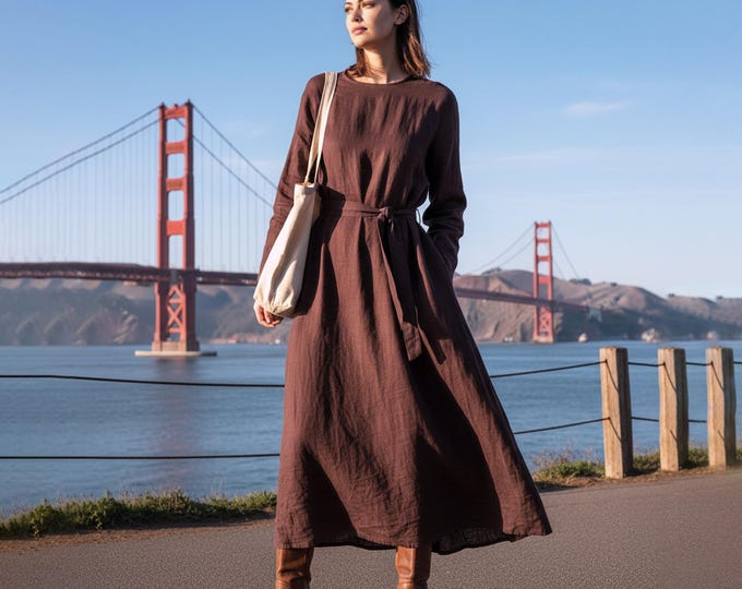 Anysize Custom Shirt Dress Tailored Linen Cotton Plus Size Dress Long Sleeves With Pockets Functional Buttons Spring Fall Clothing F34SN