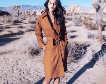 Anysize Custom Classic Jacket With Pockets Long Sleeves Coat Belted Linen Cotton Spring Fall Plus Size Coat Plus Size Clothing F42SN