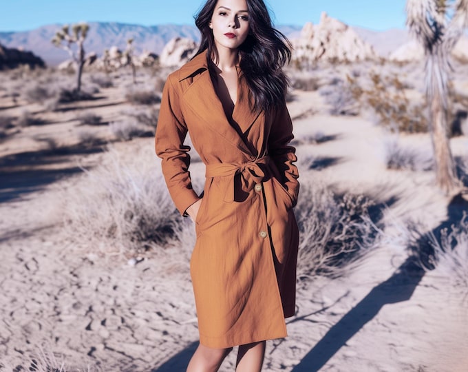 Anysize Custom Classic Jacket With Pockets Long Sleeves Coat Belted Linen Cotton Spring Fall Plus Size Coat Plus Size Clothing F42SN
