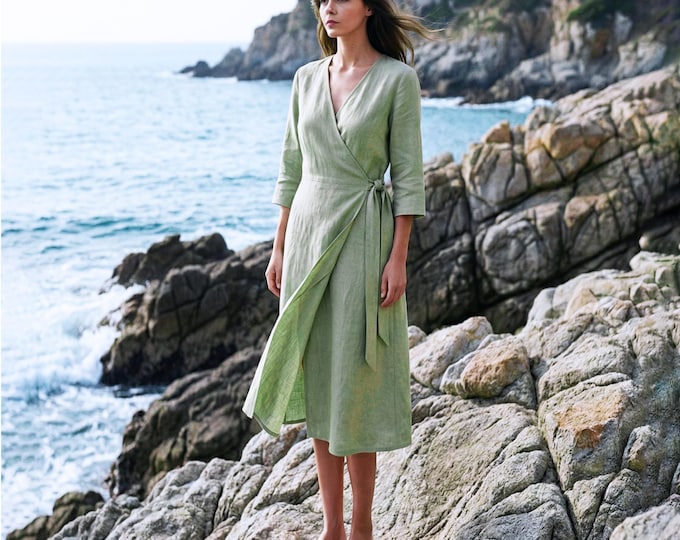 Anysize Custom Wrapped Dress 100% Linen dress With 3/4 Sleeves Side Pockets Plus Size Dress Plus Size Clothing F68TL