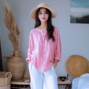Anysize custom long sleeves shirt with functional buttons retro soft linen cotton spring fall loose plus size tops plus size clothing F523E