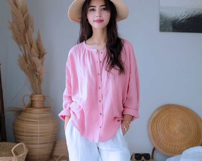 Anysize custom long sleeves shirt with functional buttons retro soft linen cotton spring fall loose plus size tops plus size clothing F523E