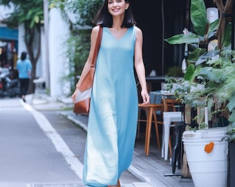 Anysize custom 100% linen V-neck sleeveless loose maxi dress with side pockets spring summer plus size dress plus size clothing F74DL