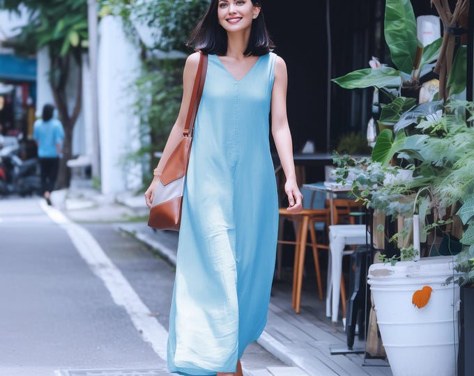 Anysize custom 100% linen V-neck sleeveless loose maxi dress with side pockets spring summer plus size dress plus size clothing F74DL