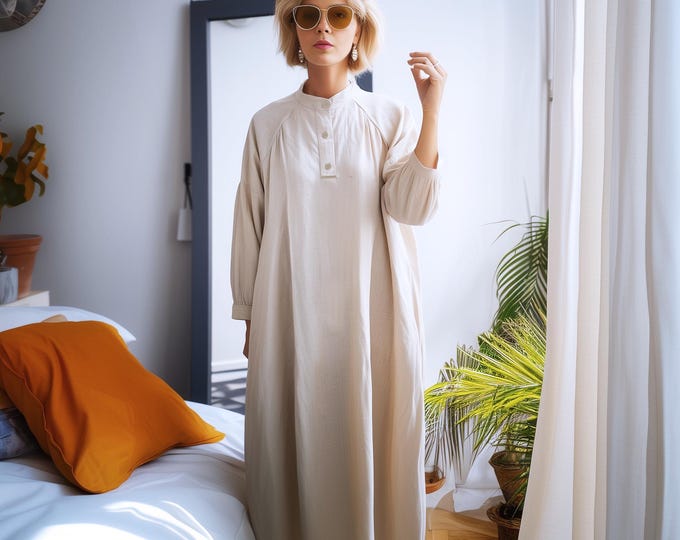 Anysize linen cotton collared plus size dress long sleeves with pockets functional buttons spring fall plus size clothing F78YN