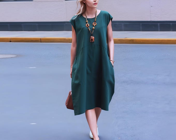 Anysize custom 100% linen sleeveless loose midi dress with side pockets summer plus size dress plus size clothing F90RL