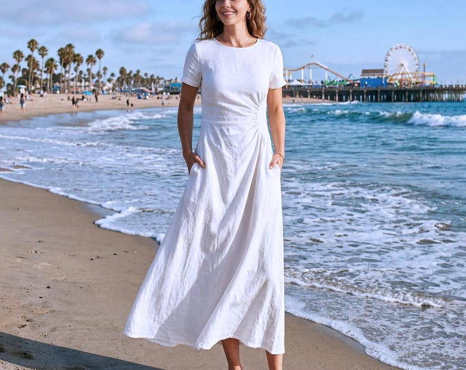 Anysize Custom 100% Linen Maxi Dress Short Sleeve Dress Subtle Waist Shaping with Pockets Summer Plus Size Dress Plus Size Clothing F71VL