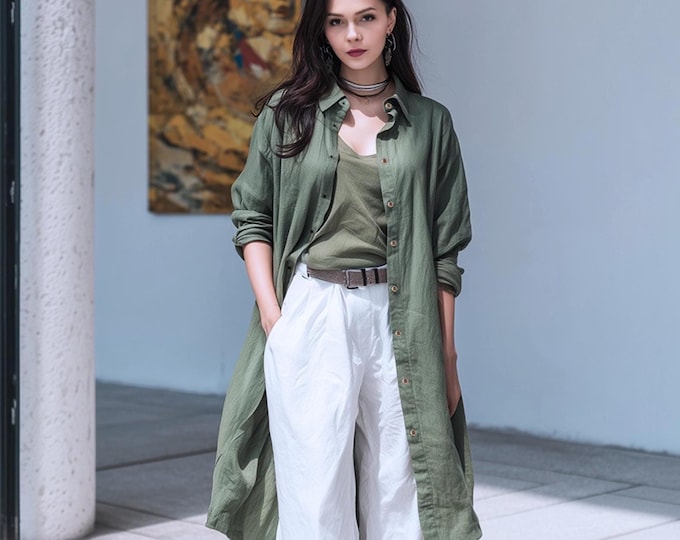 Anysize custom soft linen cotton tunic long sleeves jacket with pockets side slit spring fall coat plus size jackets plus size clothing F6PE