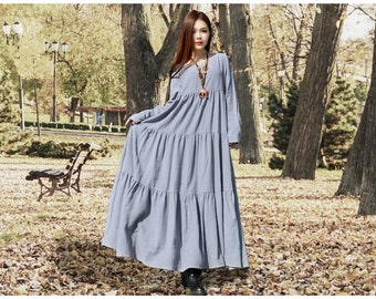 Anysize casual loose linen cotton maxi dress spring summer plus size dress plus size clothing F95B