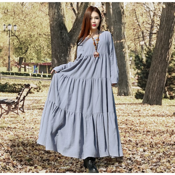 Anysize casual loose linen cotton maxi dress spring summer plus size dress plus size clothing F95B