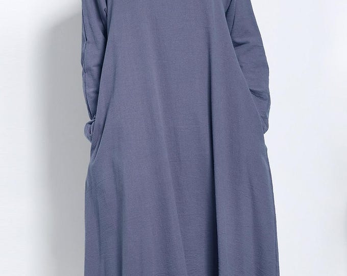 Anysize with side pockets long sleeves soft linen cotton loose dress spring summer maxi dress plus size dress plus size clothing F146Q