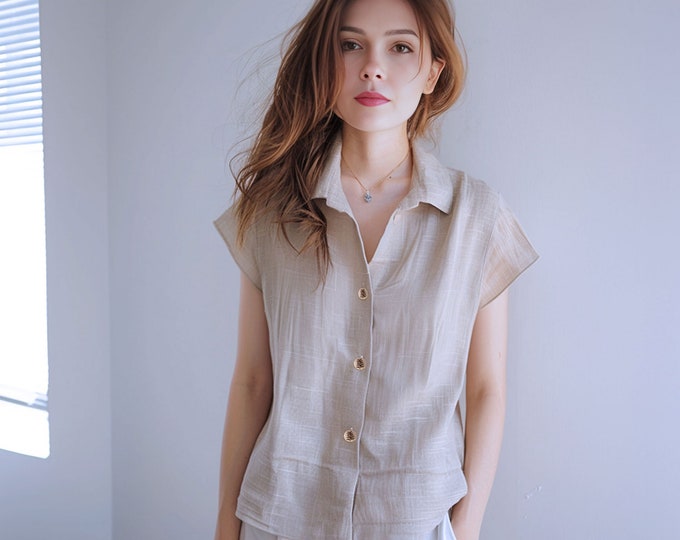 Anysize custom 100% linen cap sleeves blouses buttoned casual loose summer shirt plus size tops plus size clothing F477L
