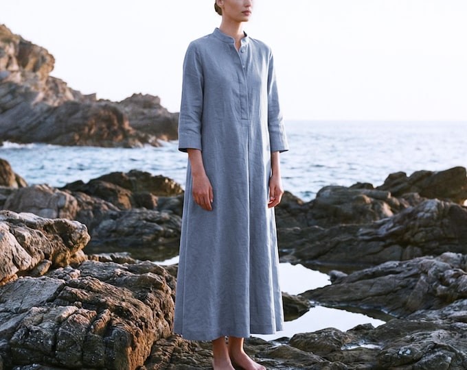 Anysize Custom 100% Linen Stand Collar 3/4 Sleeves Dress With Side Pockets Hidden Buttons Plus Size Dress Plus Size Clothing F66TL