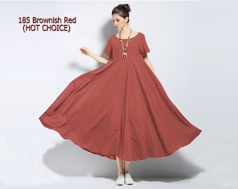 Anysize 100% linen A-line dress short sleeves expansion dress full skirt spring summer maxi dress plus size dress plus size clothing F343L