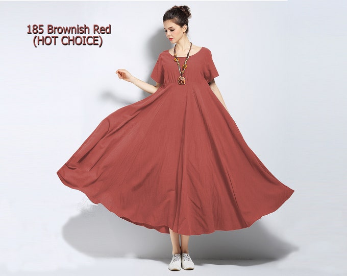 Anysize 100% linen A-line dress short sleeves expansion dress full skirt spring summer maxi dress plus size dress plus size clothing F343L