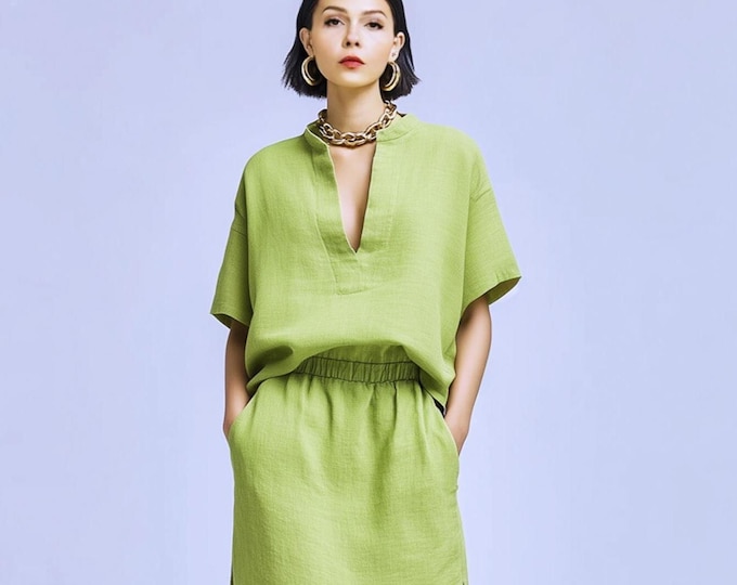 Anysize custom 100% linen half sleeves blouses V neck casual loose summer tops plus size tops plus size clothing F21RL
