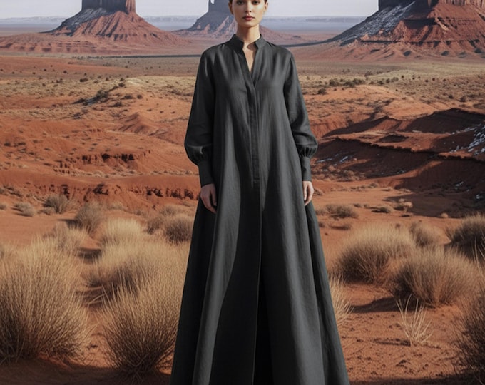 Anysize Custom V Neck Maxi Dress Puff Sleeves Linen Cotton Snap Buttons Plus Dress With Side Pockets Spring Fall Plus Size Clothing F18TN