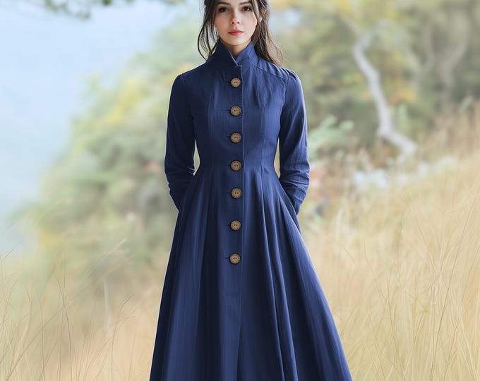 Anysize custom thick linen cotton buttoned coat with pockets long sleeves jacket spring fall plus size coat plus size clothing F606N