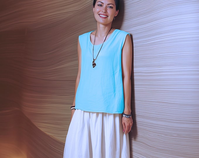 Anysize custom 100% linen sleeveless tops round neck loose tops summer tank undershirt plus size tops plus size clothing F93DL