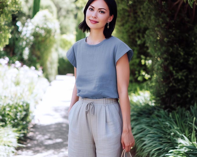 Anysize custom 100% linen tops cap sleeves shirt loose tops linen blouse summer plus size tops plus size clothing F45RL