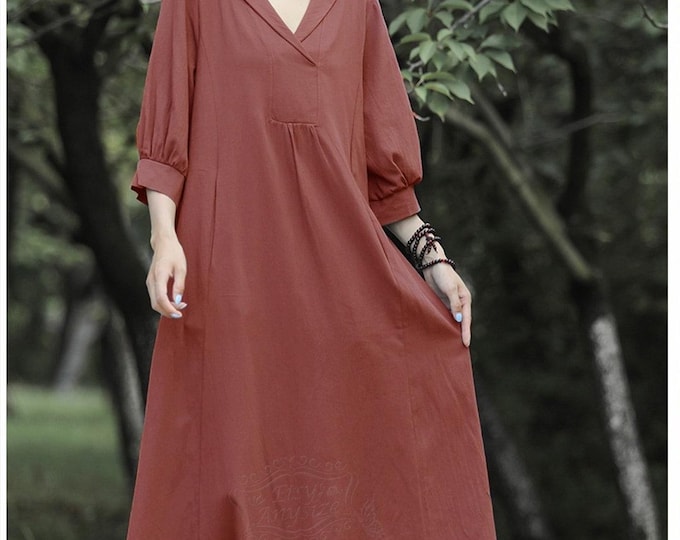 Anysize 3/4 lantern sleeves with side pockets deep v lapel collar linen cotton spring fall plus size maxi dress plus size clothing T177Q