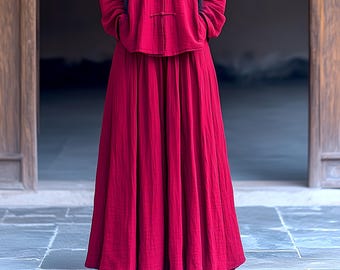 Anysize custom maxi skirt soft linen cotton with elastic waist side pockets spring fall plus size skirt plus size clothing F904E