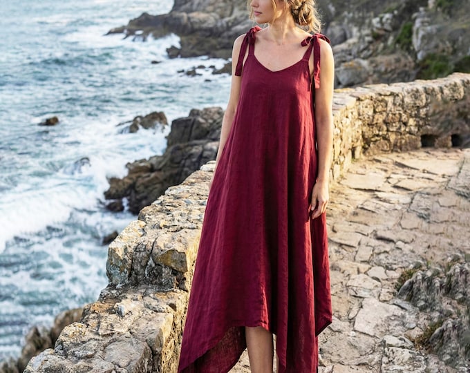 Anysize custom 100% linen Sleeveless Tie Strap Dress Asymmetrical Hem Summer Dress Plus Size Dress Plus Size Clothing F21UL