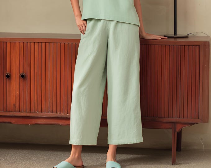 Anysize custom 100% linen cropped pants elastic waist with side pockets casual loose spring summer plus size pants plus size clothing F39YL