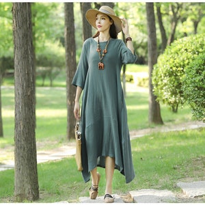 Anysize with side pockets soft linen cotton loose dress maxi dress simple soft summer clothing plus size clothing T59A