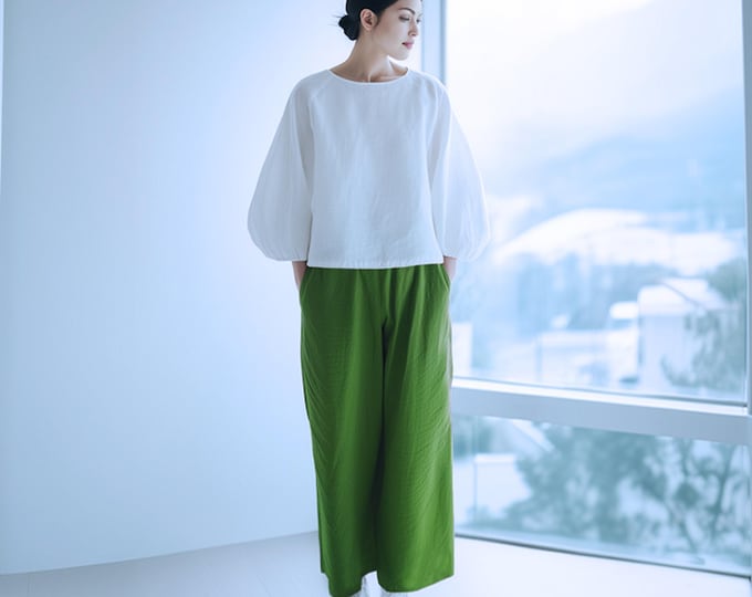 Anysize custom wide leg 100% linen pants elastic waist trousers with side pockets spring summer plus size pants plus size clothing F73JL