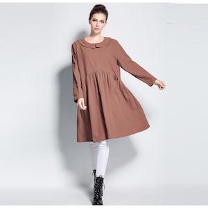 Anysize with pockets Peter Pan collar linen cotton dress spring fall winter dress plus size dress plus size clothing Y232N