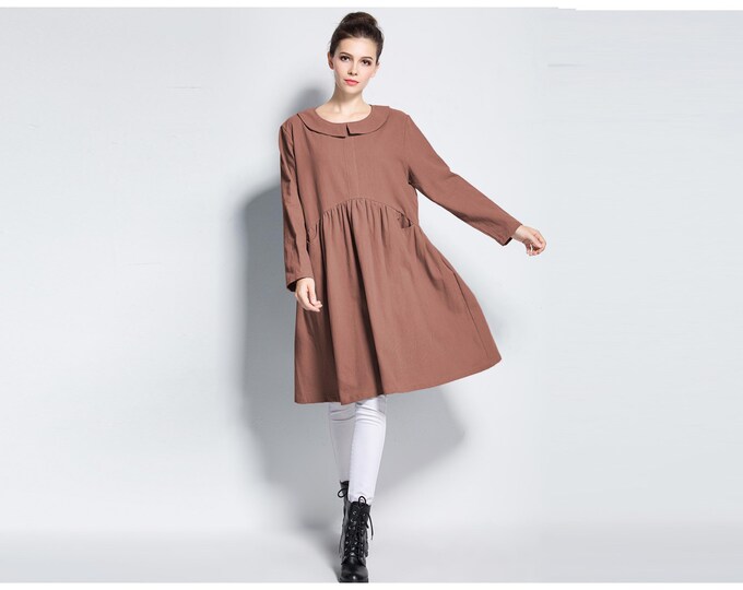 Anysize with pockets Peter Pan collar linen cotton dress spring fall winter dress plus size dress plus size clothing Y232N