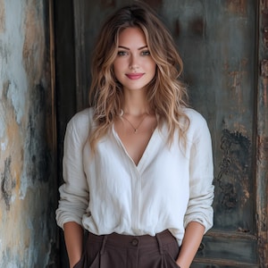Anysize custom soft linen cotton v neck blouse long sleeves shirt retro spring fall casual blouse plus size tops plus size clothing F681E