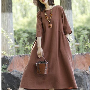 Anysize 3/4 sleeves shirred banding design thick linen cotton spring fall plus size maxi dress for women plus size clothing T247N