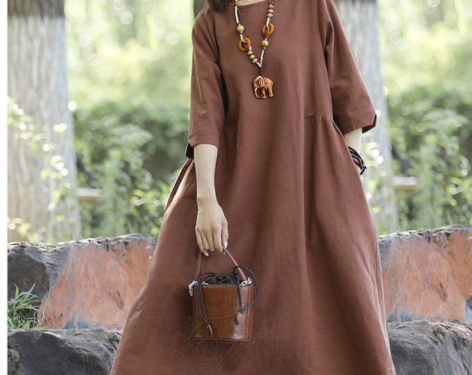 Anysize 3/4 sleeves shirred banding design thick linen cotton spring fall plus size maxi dress for women plus size clothing T247N