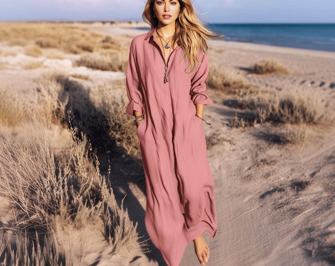 Anysize custom 100% linen long sleeves shirt dress V neck dress with pockets side slit spring fall plus size dress plus size clothing F98PL