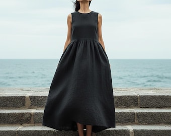 Anysize Custom 100% Linen Maxi Dress Sleeveless Gathered Dress Minimalist High Waist Summer Dress Plus Size Dress Plus Size Clothing F63UL