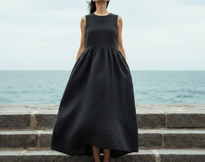 Anysize Custom 100% Linen Maxi Dress Sleeveless Gathered Dress Minimalist High Waist Summer Dress Plus Size Dress Plus Size Clothing F63UL