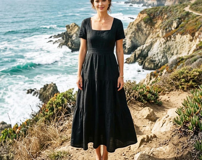 Anysize Custom 100% Linen Dress Women Square Neck Linen Dress Short Sleeve A Line Summer Dress Back Zipper Plus Size Dress F98UL