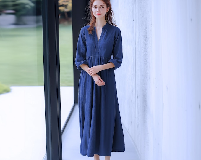 Anysize custom 100% linen maxi dress with 3/4 sleeves side pockets v neck retro loose spring summer plus size dress plus size clothing F47AL