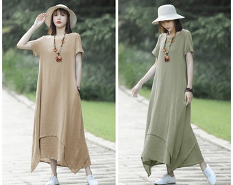 Anysize double layer stylish linen cotton maxi dress with side pockets spring summer fall plus size dress plus size clothing T153A