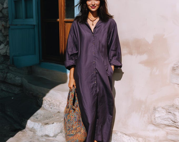 Anysize custom 100% linen maxi dress shirt dress with pockets long wide sleeves spring summer plus size dress plus size clothing F68YL