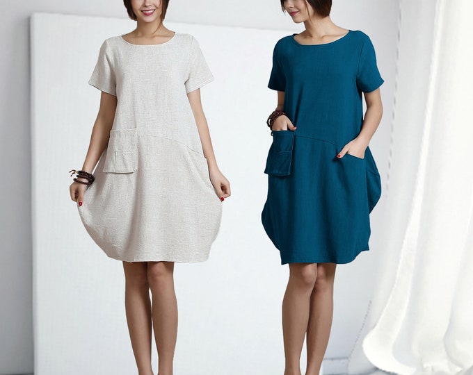 Anysize 100% linen midi dress with utility pockets lantern loose dress spring summer plus size dress plus size clothing F353L